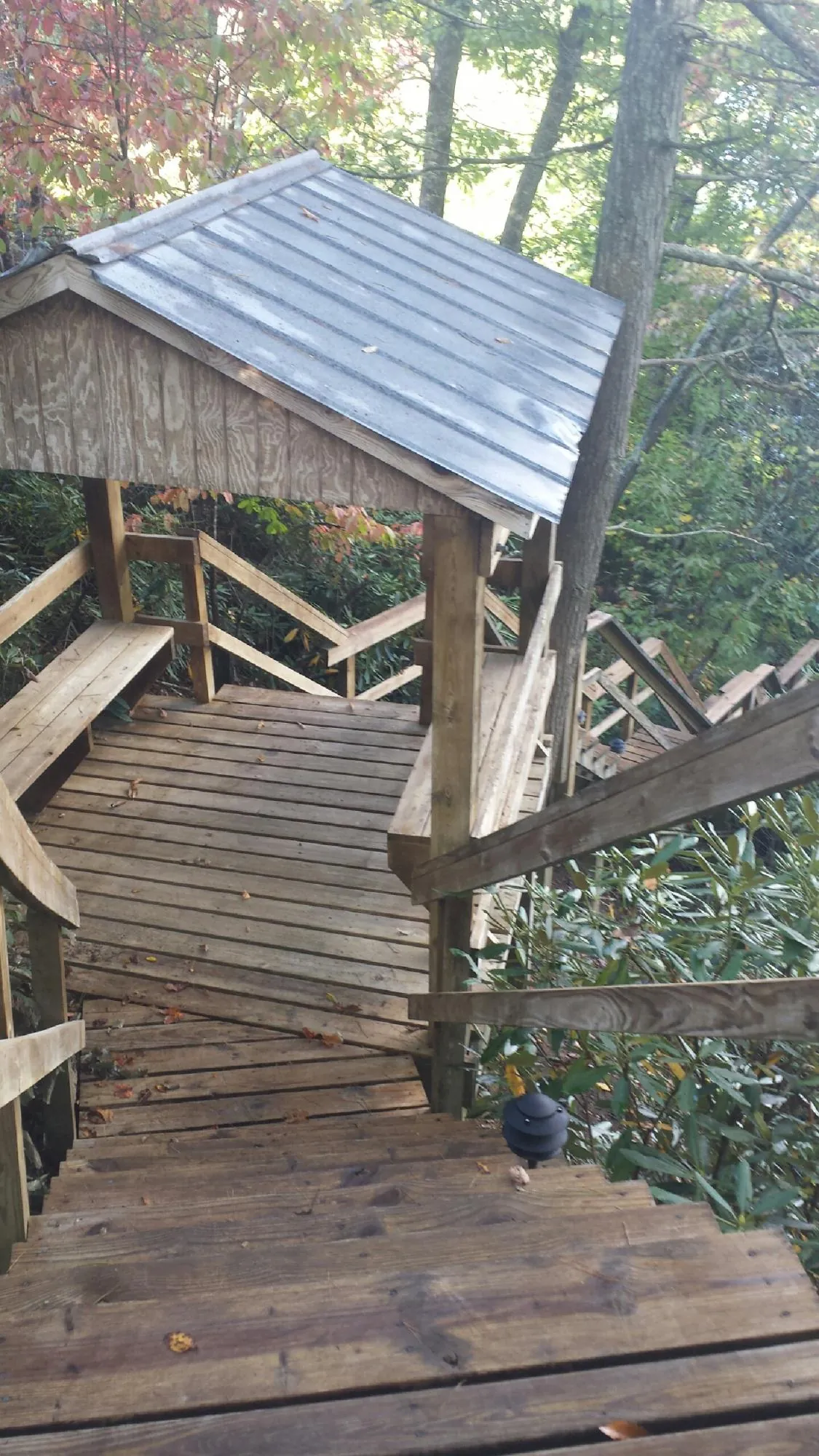 Metal roofed shelter over wooden steps on a wooded walkway — Skylight Repair & Installation work by our crew in Colwell